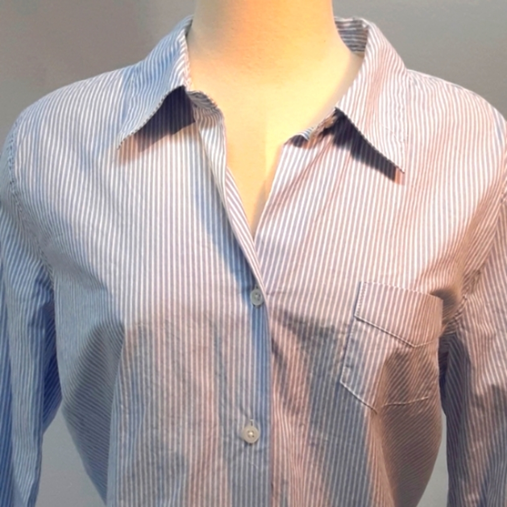 Old Navy cotton long sleeve pinstripe Boyfriend shirt Perfect Fit blue white XXL